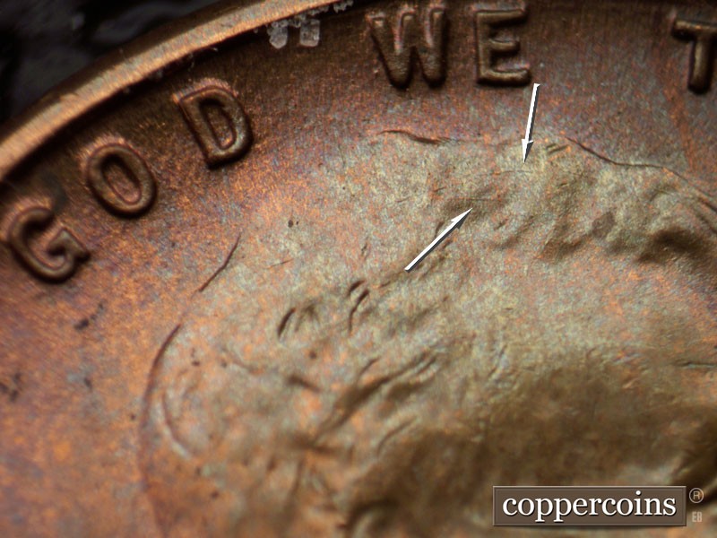 Die-stage B marker on 1946D•1DO•003 (1946 Doubled Die Obverse).
