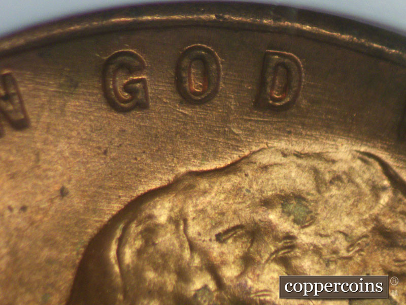 Die-stage A marker on 1946D•1DO•004 (1946 Doubled Die Obverse).