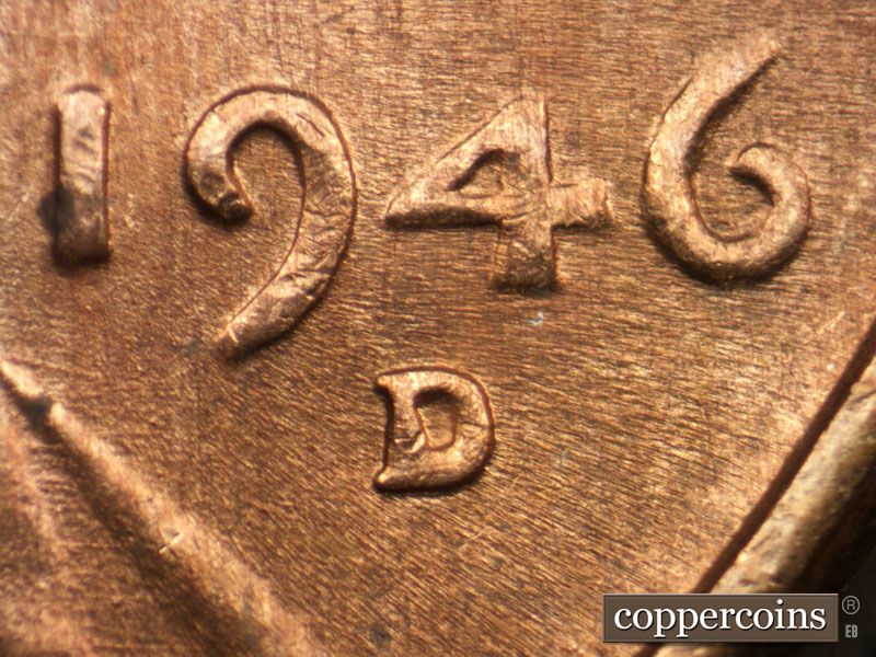 1946 Lincoln cent obverse, CopperCoins die 1946D•1DO•006.