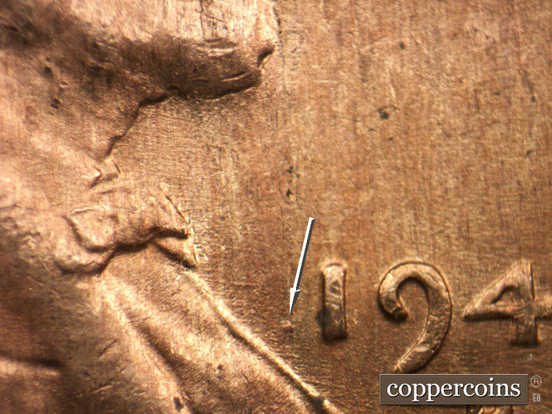 Die-stage B marker on 1946D•1DO•006 (1946 Doubled Die Obverse).