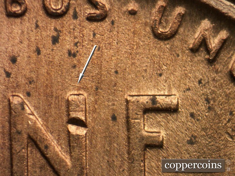 Die-stage B marker on 1946D•1DO•006 (1946 Doubled Die Obverse).