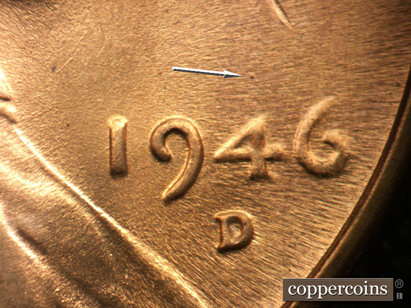 Die-stage B marker on 1946D•1DO•007 (1946 Doubled Die Obverse).