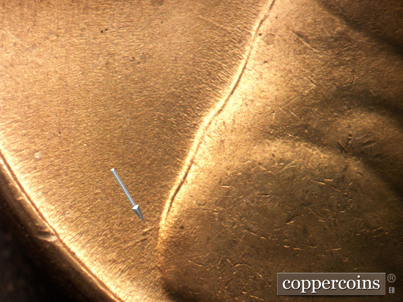 Die-stage B marker on 1946D•1DO•007 (1946 Doubled Die Obverse).
