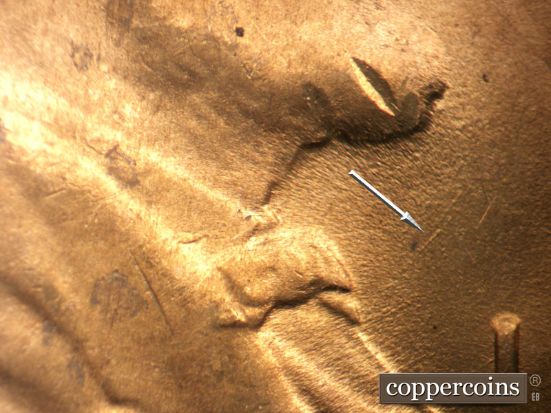 Die-stage B marker on 1946D•1DO•007 (1946 Doubled Die Obverse).