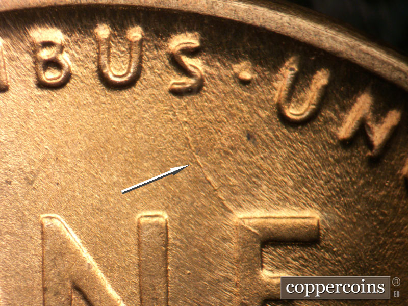 Die-stage B marker on 1946D•1DO•007 (1946 Doubled Die Obverse).