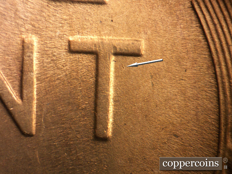 Die-stage B marker on 1946D•1DO•007 (1946 Doubled Die Obverse).