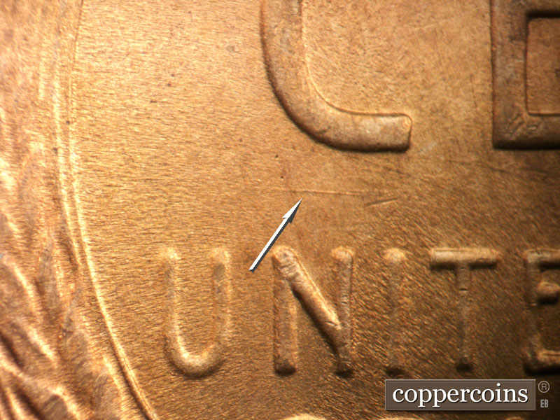 Die-stage B marker on 1946D•1DO•007 (1946 Doubled Die Obverse).