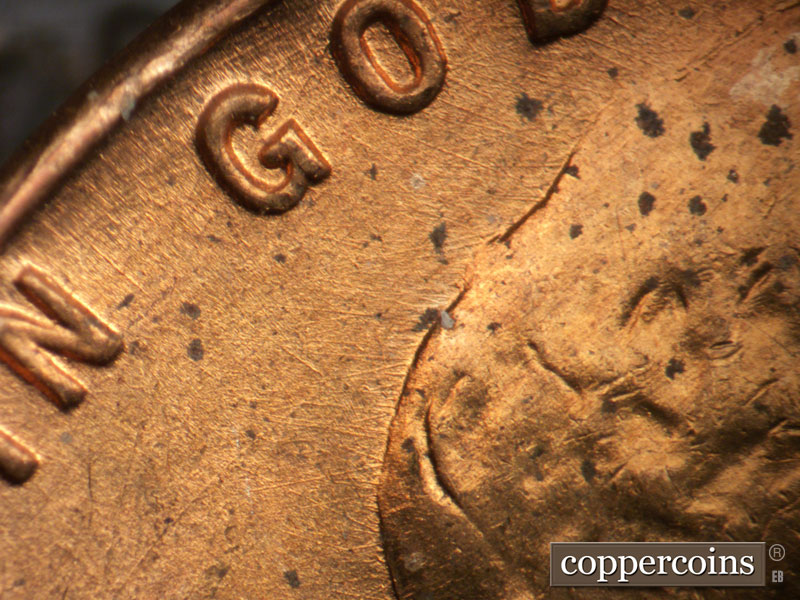 Die-stage B marker on 1946D•1DO•008 (1946 Doubled Die Obverse).