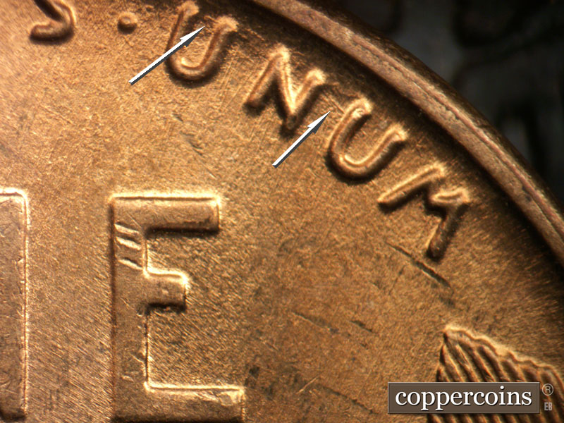 Die-stage B marker on 1946D•1DO•008 (1946 Doubled Die Obverse).