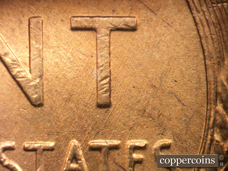 Die-stage B marker on 1946D•1DO•008 (1946 Doubled Die Obverse).