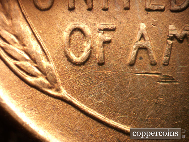 Die-stage B marker on 1946D•1DO•008 (1946 Doubled Die Obverse).