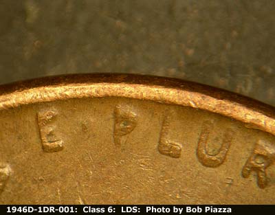 Die-stage C marker on 1946D•1DR•001 (1946 Doubled Die Reverse).