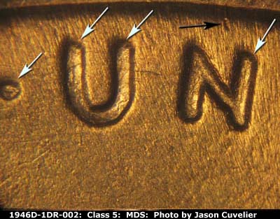 Die-stage B marker on 1946D•1DR•002 (1946 Doubled Die Reverse).