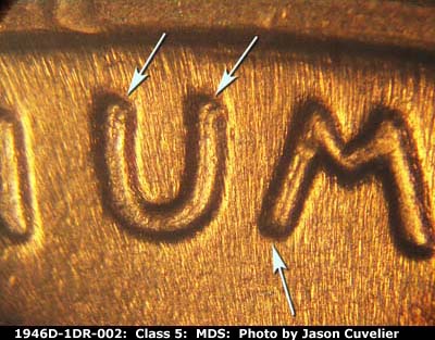 Die-stage B marker on 1946D•1DR•002 (1946 Doubled Die Reverse).