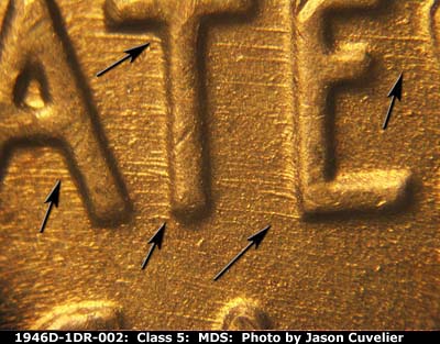 Die-stage B marker on 1946D•1DR•002 (1946 Doubled Die Reverse).