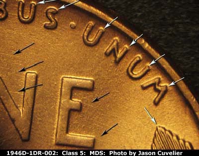 Die-stage B marker on 1946D•1DR•002 (1946 Doubled Die Reverse).