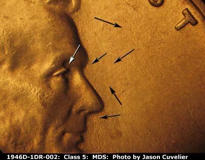 Die-stage B marker on 1946D•1DR•002 (1946 Doubled Die Reverse).