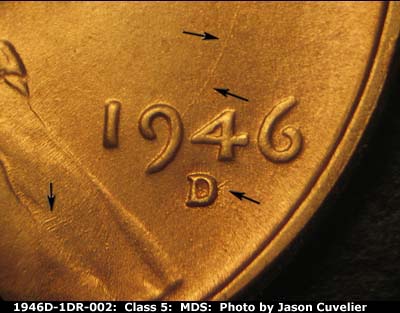 Die-stage B marker on 1946D•1DR•002 (1946 Doubled Die Reverse).
