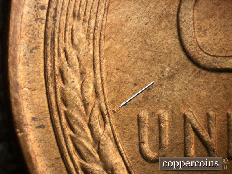 Die-stage B marker on 1946D•1DR•003 (1946 Doubled Die Reverse).