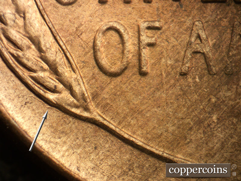 Die-stage B marker on 1946D•1DR•003 (1946 Doubled Die Reverse).