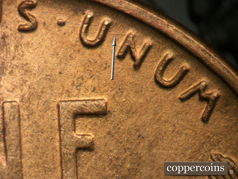 Die-stage B marker on 1946D•1DR•003 (1946 Doubled Die Reverse).