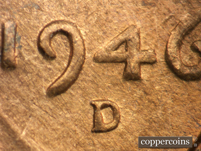 Die-stage B marker on 1946D•1DR•003 (1946 Doubled Die Reverse).