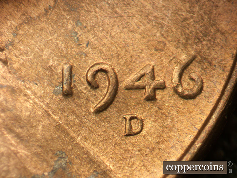 Die-stage B marker on 1946D•1DR•003 (1946 Doubled Die Reverse).
