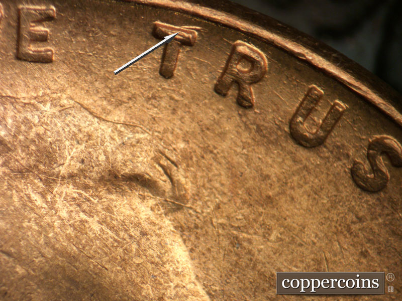 Die-stage B marker on 1946D•1DR•003 (1946 Doubled Die Reverse).