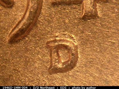 Die-stage A marker on 1946D•1MM•004 (1946 Repunched Mint Mark).