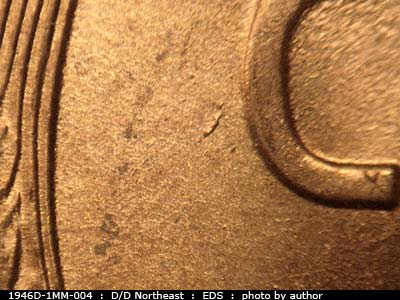 Die-stage A marker on 1946D•1MM•004 (1946 Repunched Mint Mark).