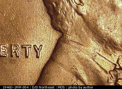 Die-stage B marker on 1946D•1MM•004 (1946 Repunched Mint Mark).