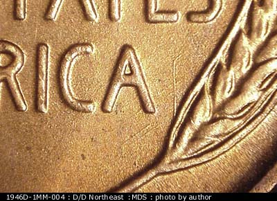 Die-stage B marker on 1946D•1MM•004 (1946 Repunched Mint Mark).