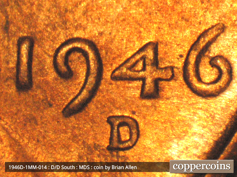 Die-stage B marker on 1946D•1MM•014 (1946 Repunched Mint Mark).