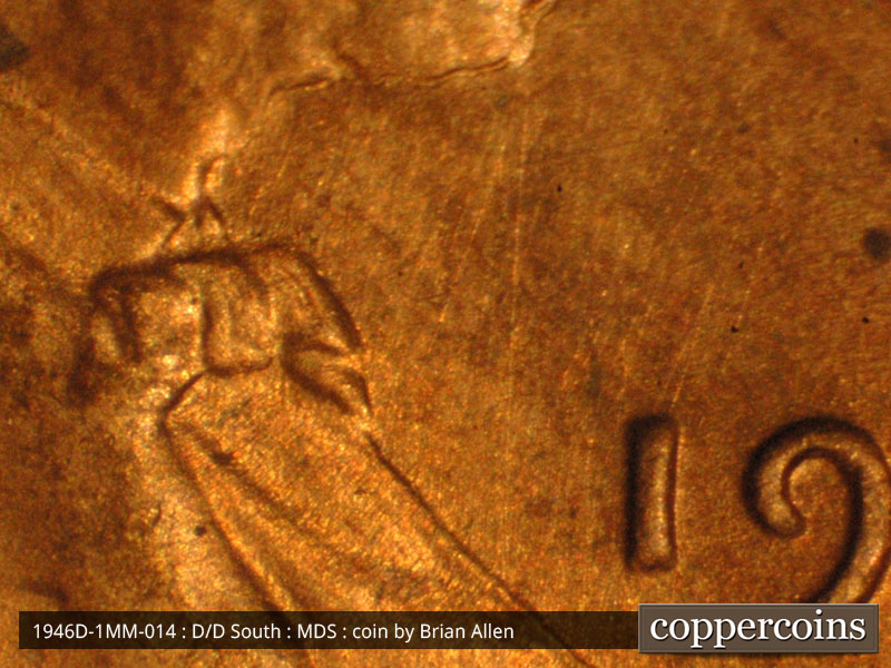 Die-stage B marker on 1946D•1MM•014 (1946 Repunched Mint Mark).