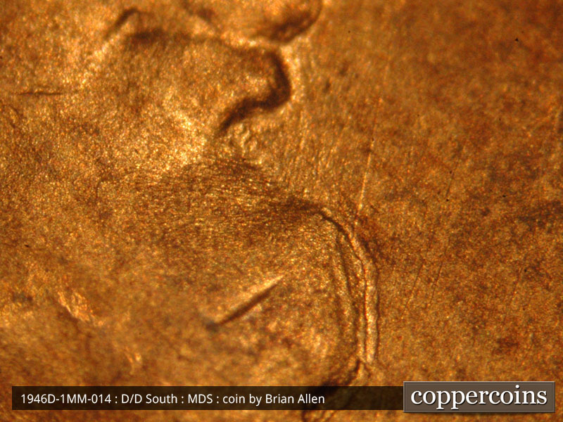 Die-stage B marker on 1946D•1MM•014 (1946 Repunched Mint Mark).