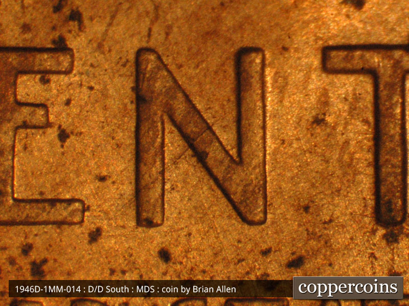 Die-stage B marker on 1946D•1MM•014 (1946 Repunched Mint Mark).