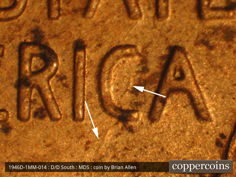 Die-stage B marker on 1946D•1MM•014 (1946 Repunched Mint Mark).