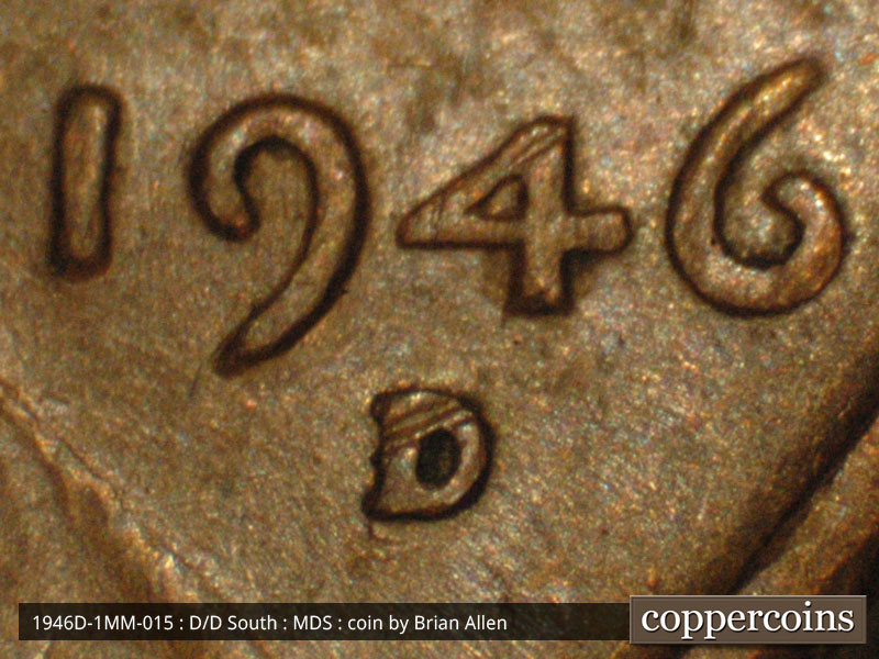 Die-stage B marker on 1946D•1MM•015 (1946 Repunched Mint Mark).
