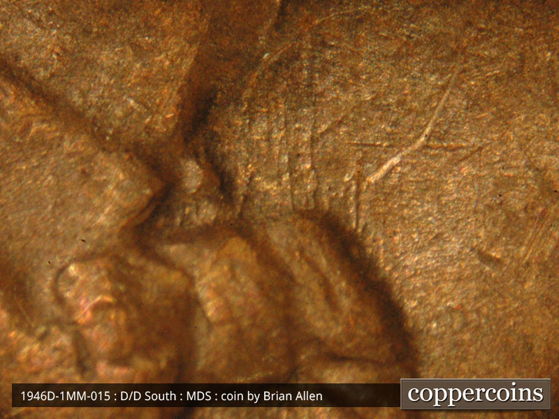 Die-stage B marker on 1946D•1MM•015 (1946 Repunched Mint Mark).