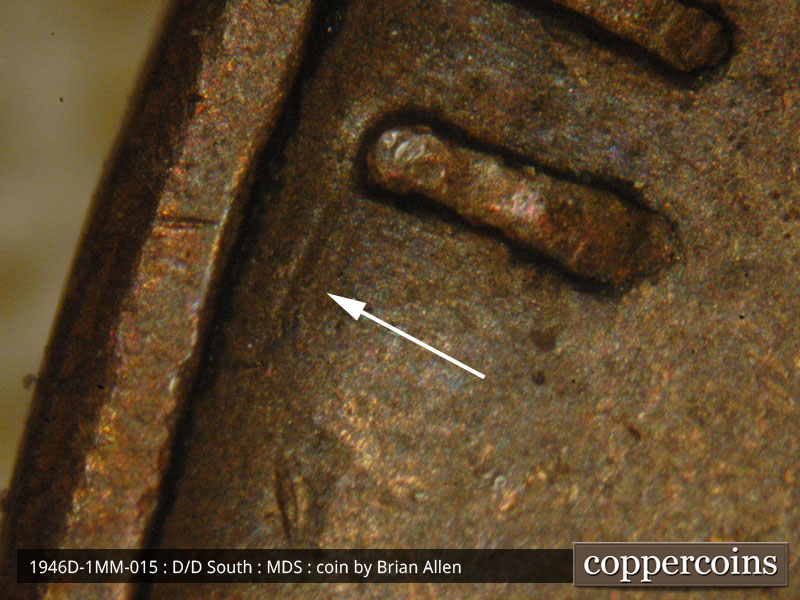 Die-stage B marker on 1946D•1MM•015 (1946 Repunched Mint Mark).