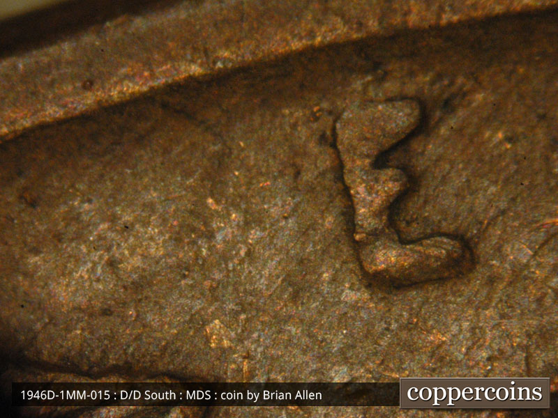 Die-stage B marker on 1946D•1MM•015 (1946 Repunched Mint Mark).