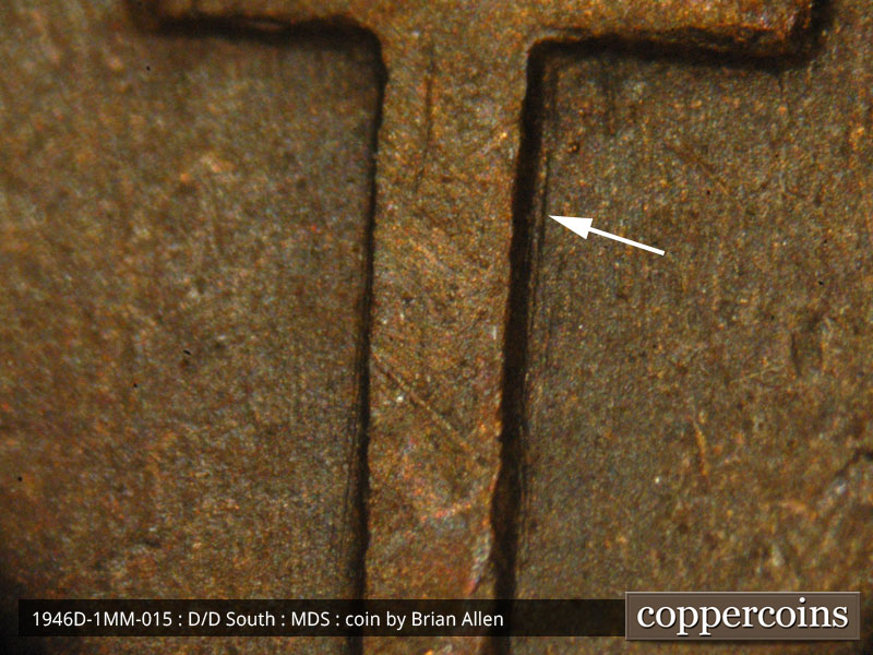 Die-stage B marker on 1946D•1MM•015 (1946 Repunched Mint Mark).