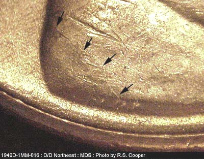Die-stage B marker on 1946D•1MM•016 (1946 Repunched Mint Mark).