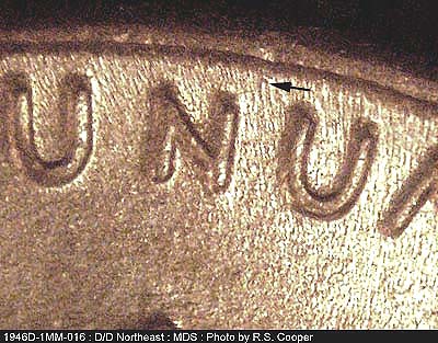 Die-stage B marker on 1946D•1MM•016 (1946 Repunched Mint Mark).