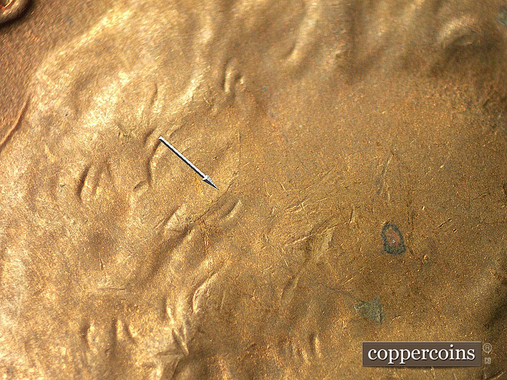 Die-stage C marker on 1946D•1MM•017 showing Die crack in hair.