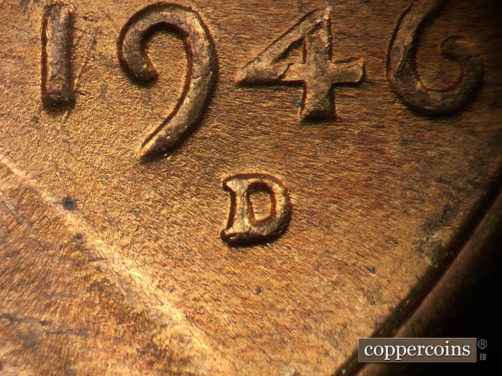 Die-stage B marker on 1946D•1MM•020 showing Closeup of repunched mintmark.
