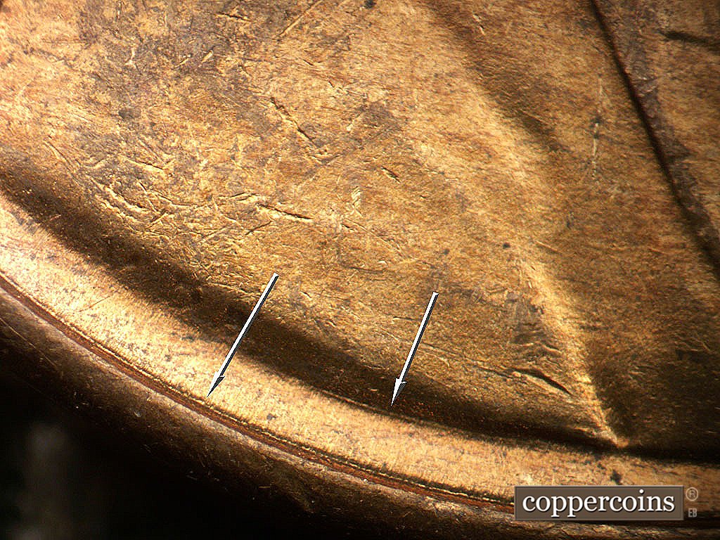 Die-stage B marker on 1946D•1MM•020 showing Concentric die scratches near rim and under VDB.
