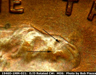 Die-stage B marker on 1946D•1MM•021 (1946 Repunched Mint Mark).
