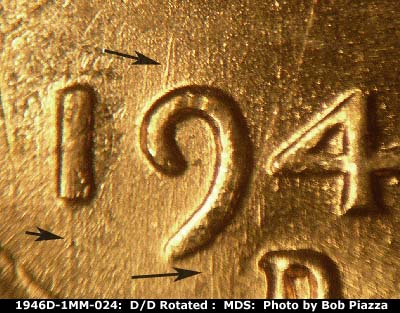 Die-stage B marker on 1946D•1MM•024 (1946 Repunched Mint Mark).