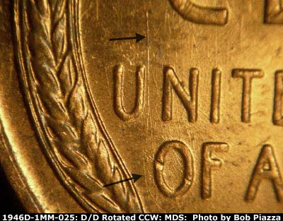 Die-stage B marker on 1946D•1MM•025 (1946 Repunched Mint Mark).